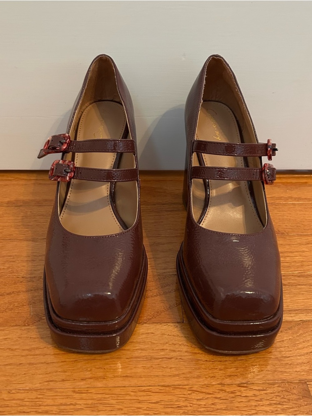 Patent Double-Strap Mary Jane Heels in Burgundy
